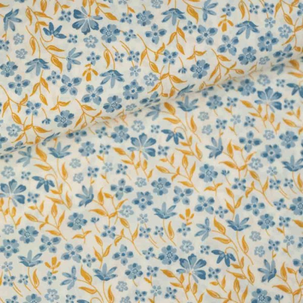Baumwoll Popeline kleine Blume mit Zweig jeansblau