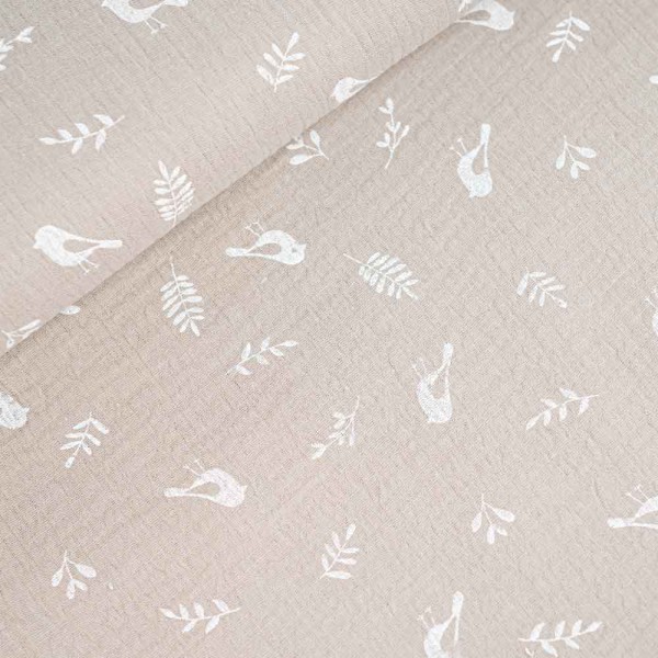 Musselin Double Gauze Vögelchen hellbeige