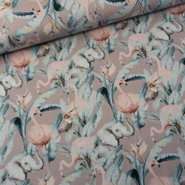 Baumwolljersey Flamingo und Elefant altrosa