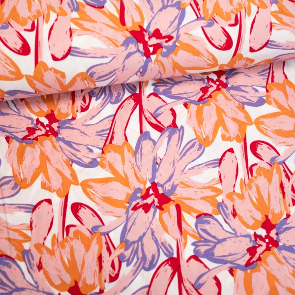 Viskosewebware Blumen ecru-rosa