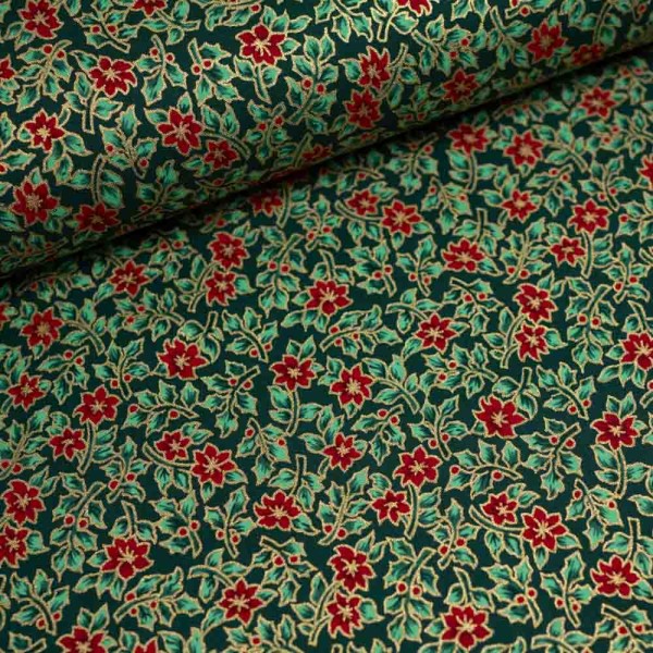 Baumwollwebware Glam kleine Weihnachtsblume tannengrün