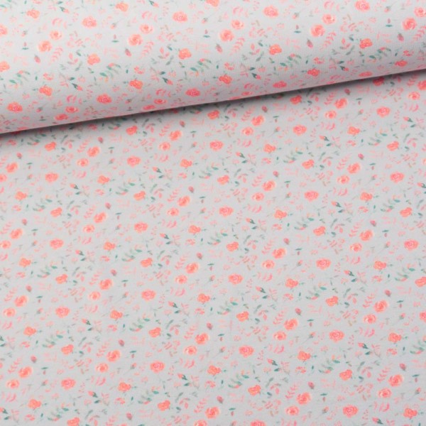 Baumwolljersey Digital Kleine Rosen hellgrau