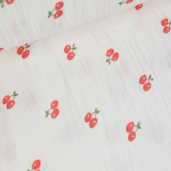 Musselin Double Gauze 250cm Überbreite Kirschen weiß