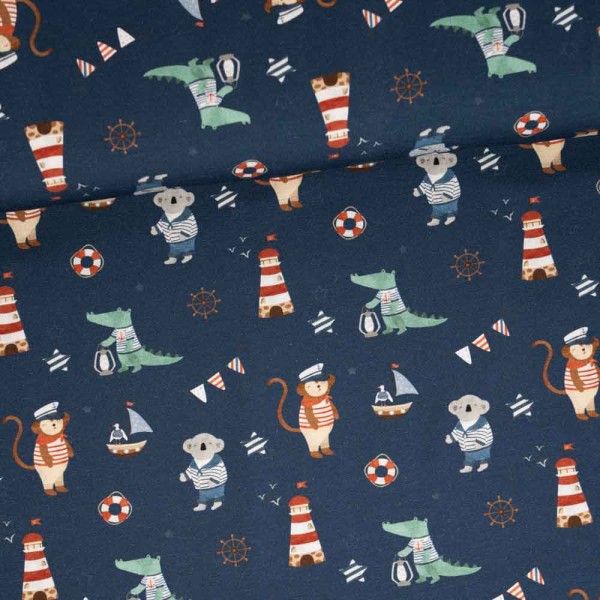 Baumwolljersey Maritime Tiere navy