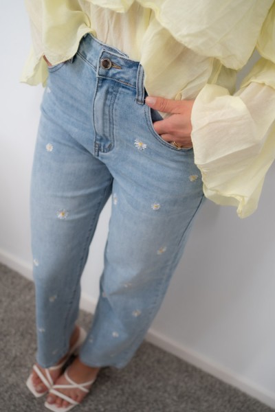 Wide Leg Jeanshose Blümchen Stickerei