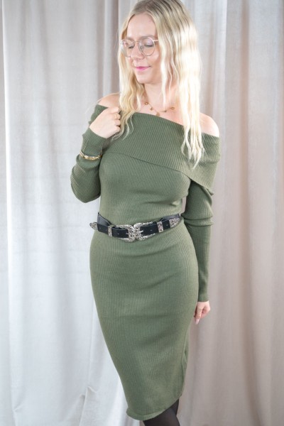 Rippstrick Kleid Off-Shoulder khaki S/M
