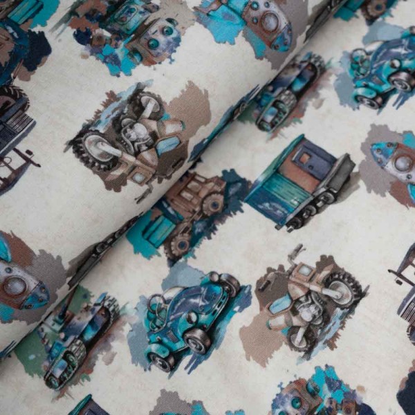 Baumwolljersey Rakete & Roboter beige