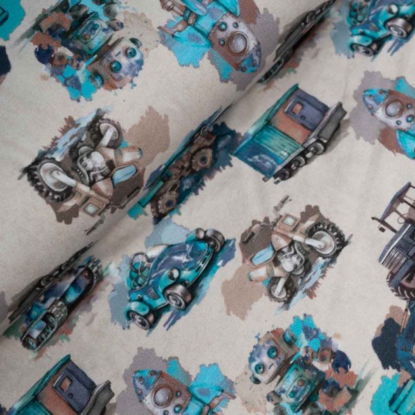 Baumwolljersey Rakete & Roboter taupe