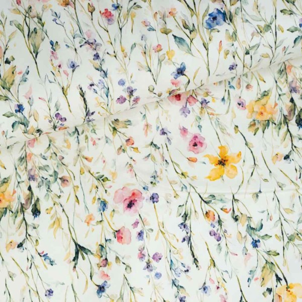 Baumwolltwill Stretch Aquarellblümchen Zweige senfgelb