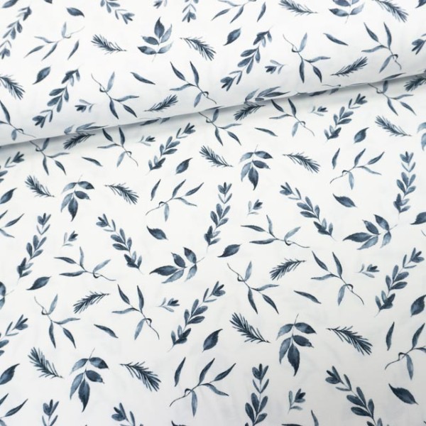 Baumwolljersey Aquarell Blätter ecru-jeansblau