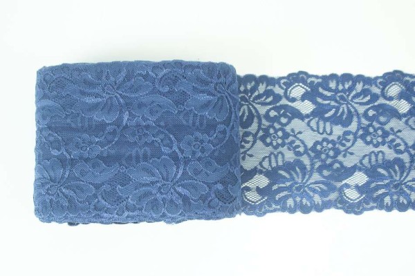 Elastische Spitzenborte Blumen navy 14cm BREIT