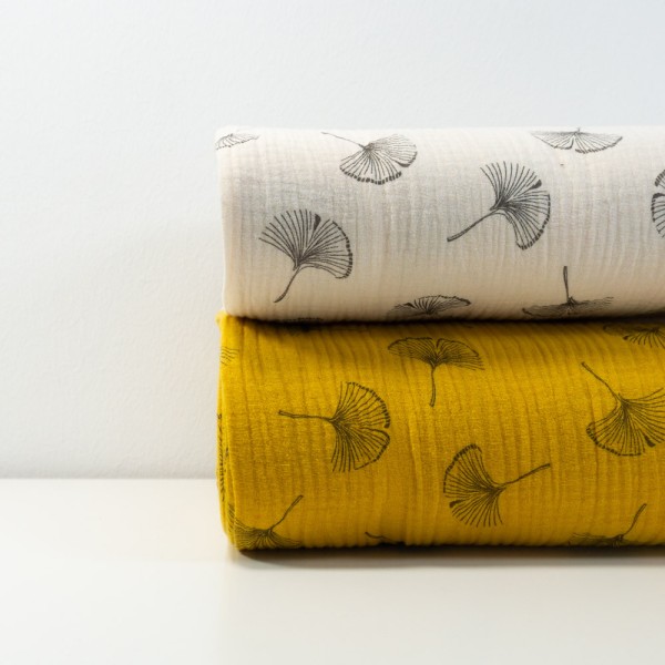 Musselin Double Gauze Ginkgo Blätter senfgelb