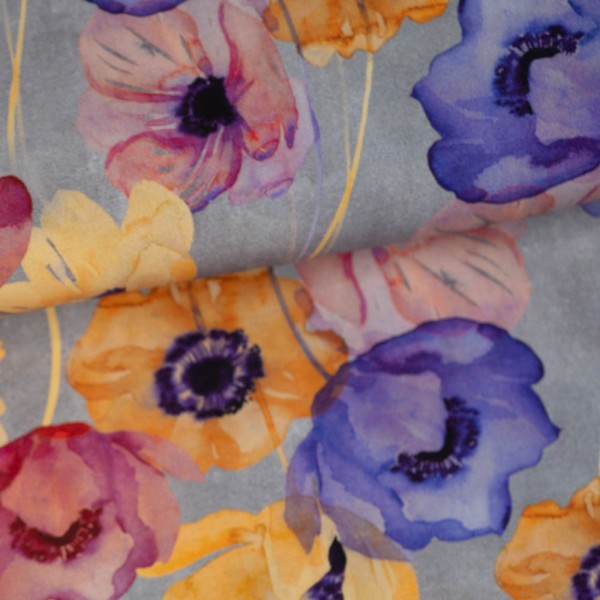 Viskosewebware bunte Mohnblumen grau