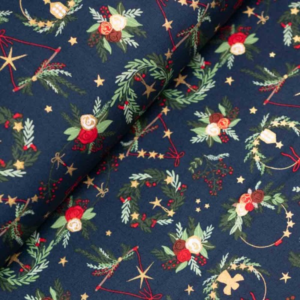 Baumwollwebware Glam Eukalyptus Kranz navy
