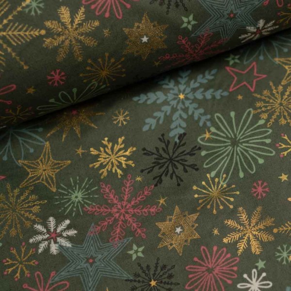 Baumwollwebware Glam Schneeflocken khaki