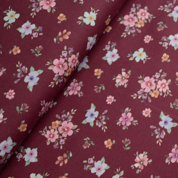 Baumwoll Popeline Blümchen Bouquet bordeaux