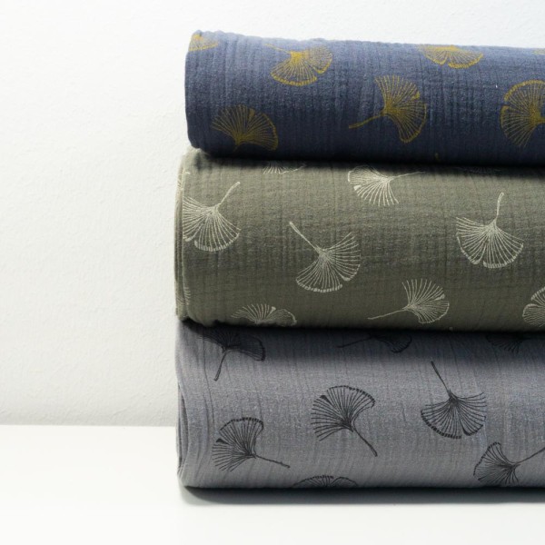 Musselin Double Gauze Ginkgo Blätter navy-grey