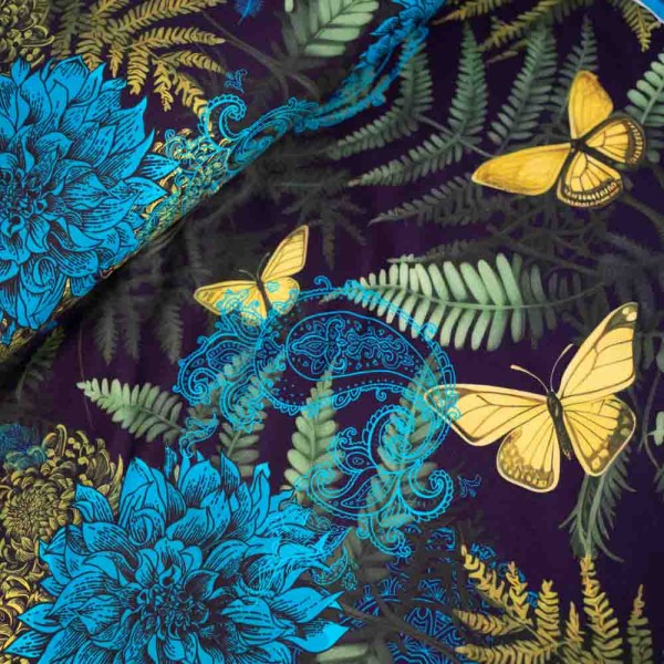 Baumwolljersey Papagei & Blumen petrol