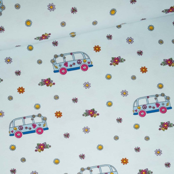 Baumwolljersey Bulli & Flower Power hellblau