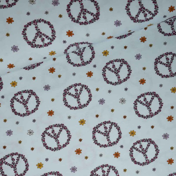 Baumwolljersey Peace & Flower Power hellblau