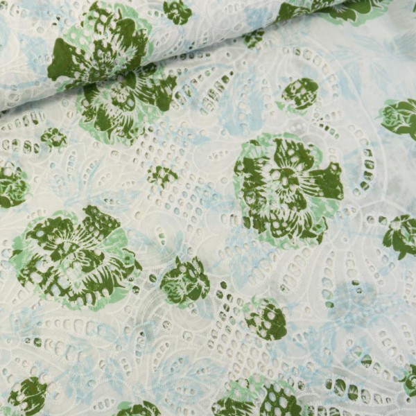 Baumwollspitze Flowers ecru-oliv