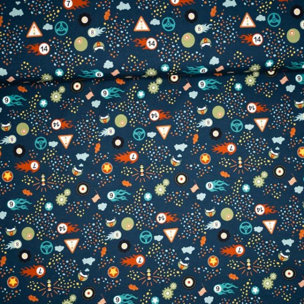 Bio Baumwolljersey Autorennen dunkelblau