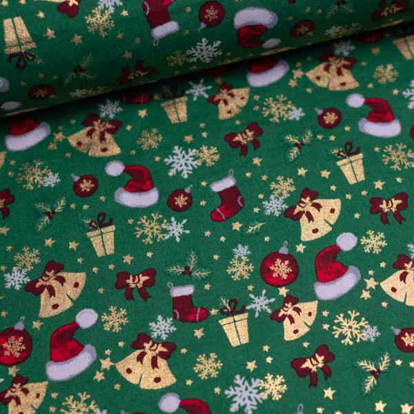 Baumwollwebware kleine X-Mas Motive dunkelgrün