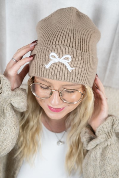 Strickmütze Schleife beige
