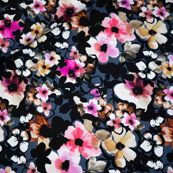 Baumwolljersey Digital Aquarell Blumen blau