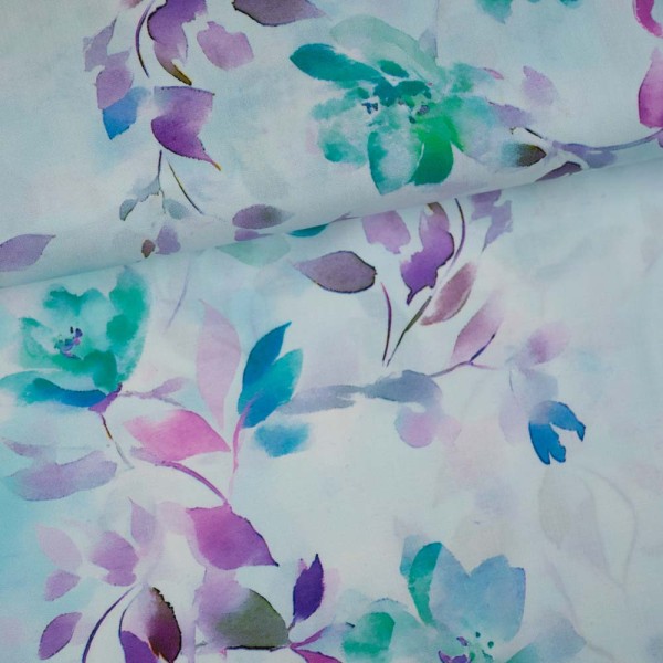 Viskosewebware Aquarellblumen pastellblau