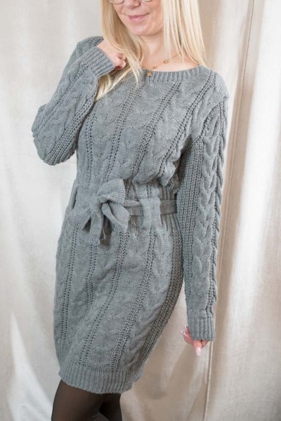 Zopf Strickkleid mit Bindegürtel anthra