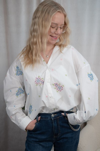 Baumwollbluse Stickerei Hortensien weiß