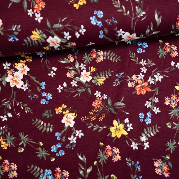 Viskosejersey Blumenwiese bordeaux