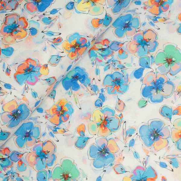 Baumwoll Popeline Stretch Blumenzauber blau