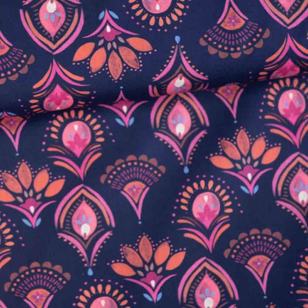 Baumwoll Popeline Pünktchen Blume navy
