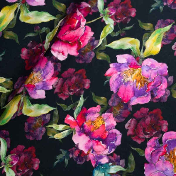 Baumwolljersey Aquarellblumen dark navy
