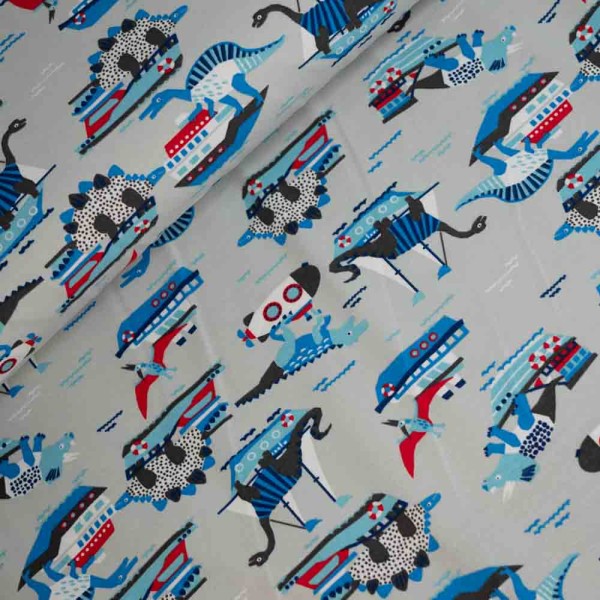 Baumwolljersey Dinos und Boote grau