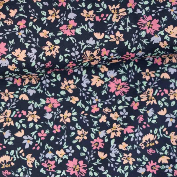 Baumwoll Popeline fine Flowers dark navy