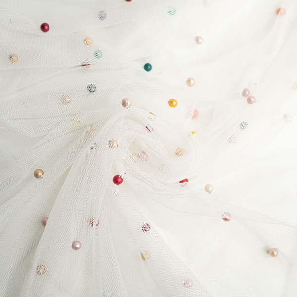Schleiertüll Perlen ivory bunt