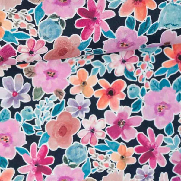 Baumwoll Popeline Line Flowers navy
