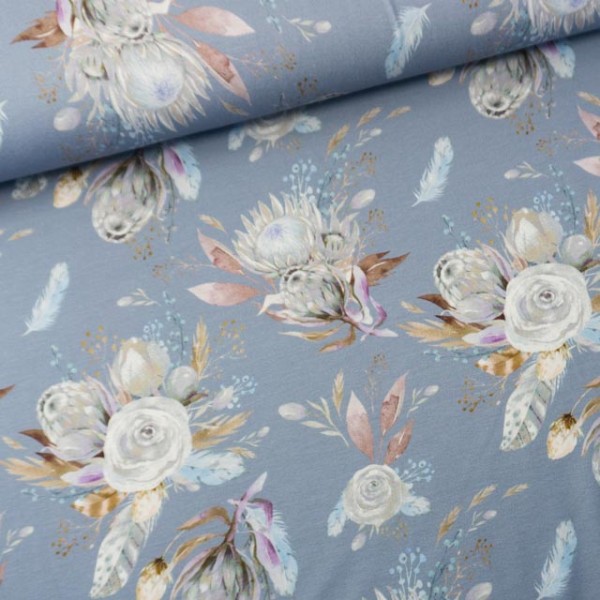 Viskosejersey Chrysanthemen jeansblau