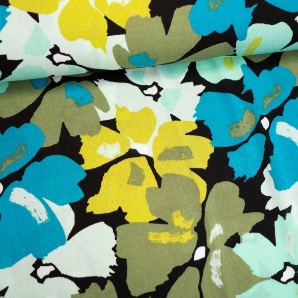 Viskosewebware Crinkle Große Blumen mint-türkis-pistazie