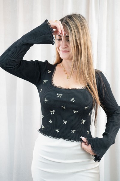 Langarmshirt Rippstrick Schleifen schwarz S/M