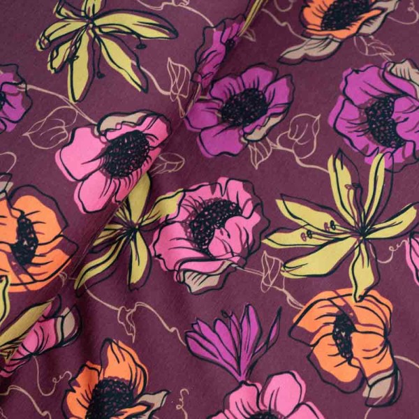 Baumwolljersey Drawing Flowers bordeaux