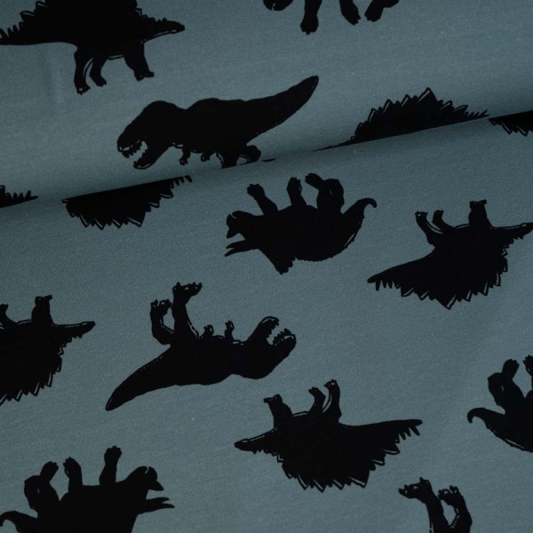 French Terry Sweat schwarze Dinos jeansblau