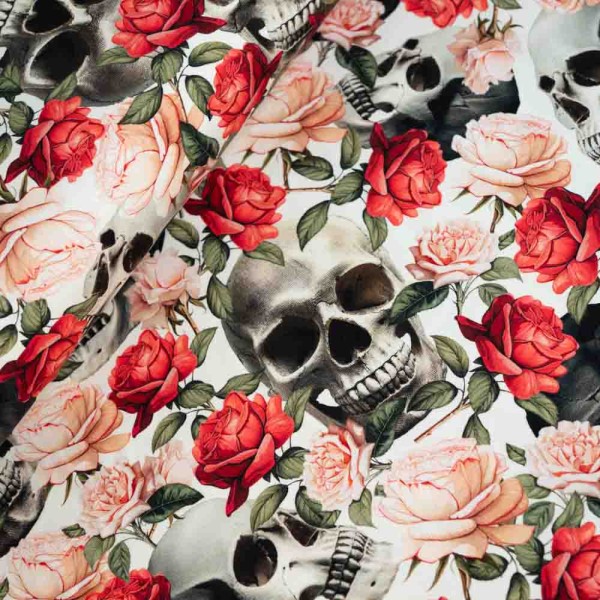 Baumwolljersey Totenkopf & Rosen ecru