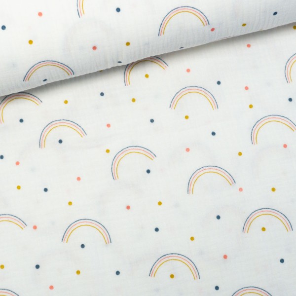 Musselin Double Gauze Konfetti Rainbows weiß