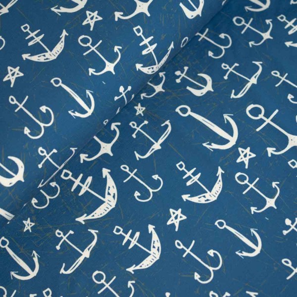 Baumwolljersey maritime Anker jeansblau