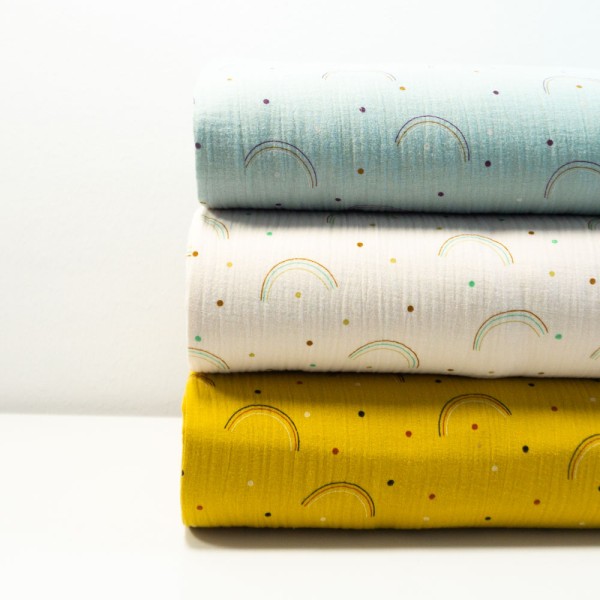Musselin Double Gauze Konfetti Rainbows senfgelb