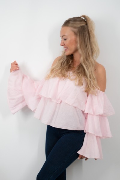 Off-shoulder Bluse mit Volants rosa